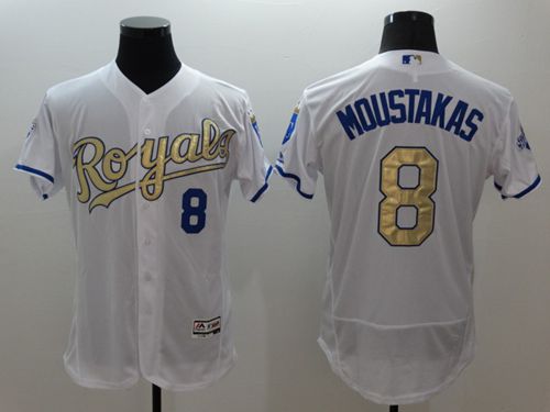 Royals #8 Mike Moustakas White 2015 World Series Champions Gold Program FlexBase Authentic Stitched MLB Jersey - Click Image to Close